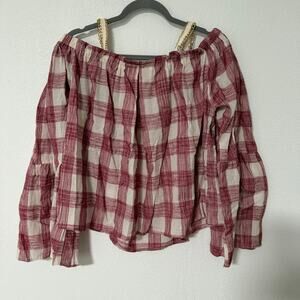 TOV Los Angeles Women's Cotton Plaid Bell Sleeve Top Size 44 US 14